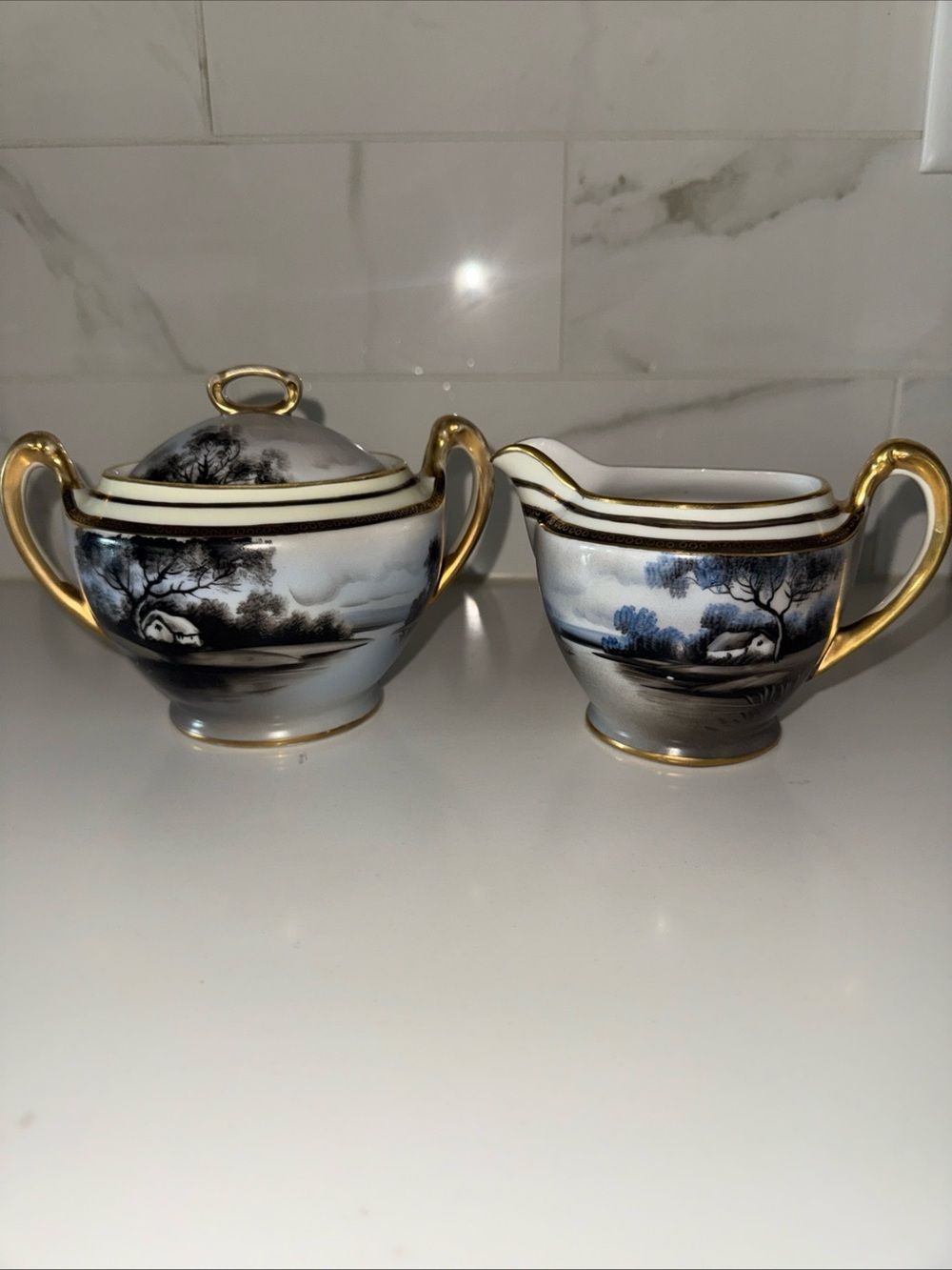 Antique Noritake Morimura 24k Gold Swan Cabin Lake Dark Moody Cream / Sugar Set
